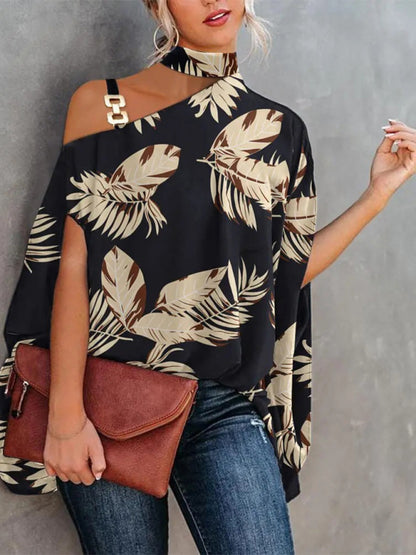 Halter Neck Dolman Sleeve Print Shirt - Serenity Land fashion
