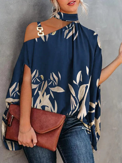 Halter Neck Dolman Sleeve Print Shirt - Serenity Land fashion