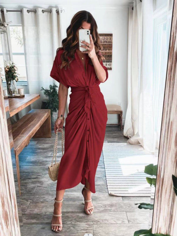 Solid color pleated short sleeve shirt dress - Serenity Land fashion