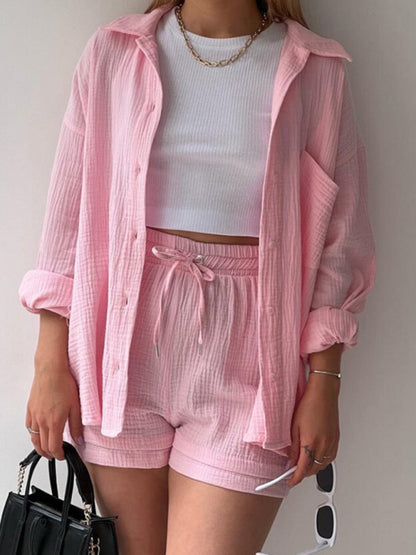 Lightweight Pleated Pattern Top Matching Short Set