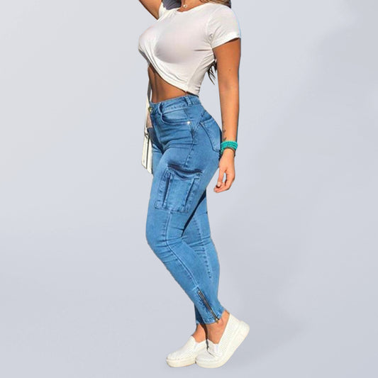 High Waist Cargo Skinny Zipper Ankle Jeans - Serenity Land fashion