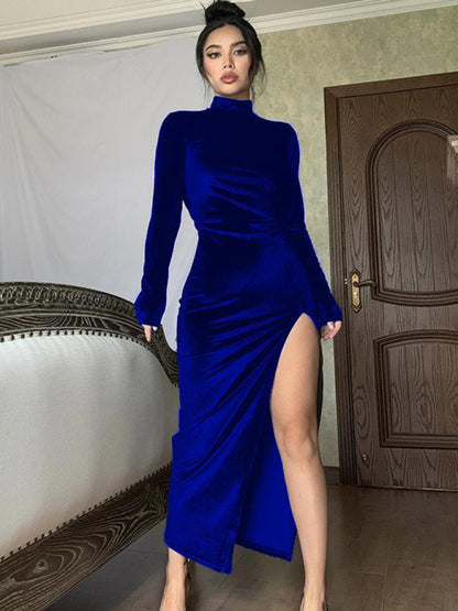 High-neck long velvet pleated slit dress - Serenity Land fashion