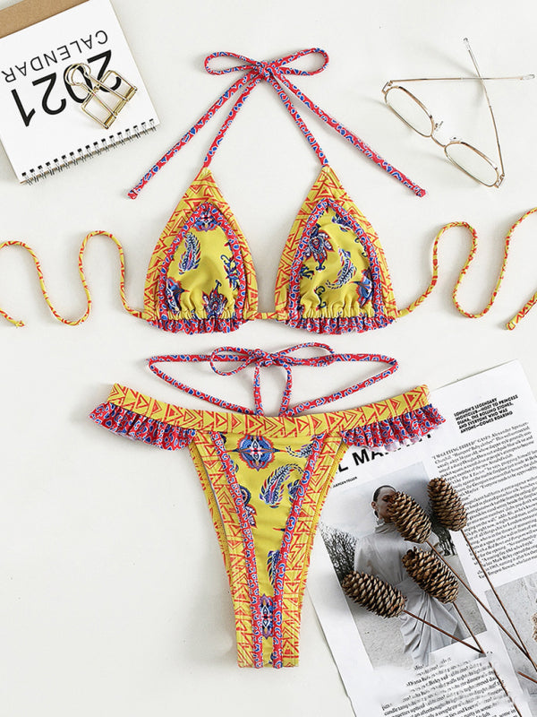 Women's print halter neck tie bikini - Serenity Land fashion
