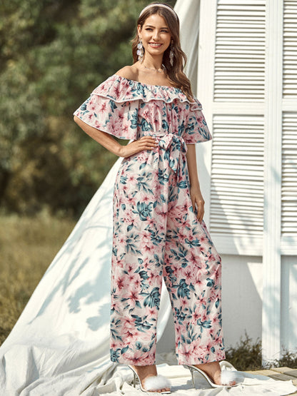 Woven one-shoulder floral ruffled jumpsuit - Serenity Land fashion