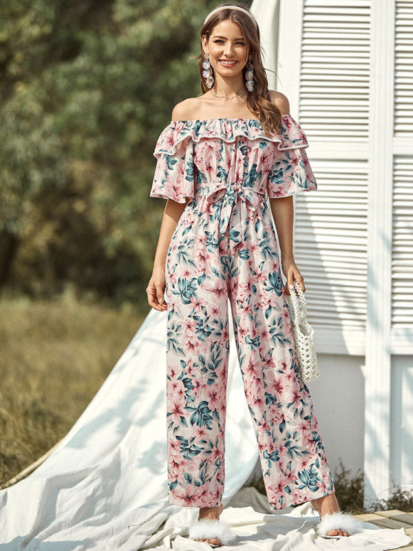 Woven one-shoulder floral ruffled jumpsuit - Serenity Land fashion