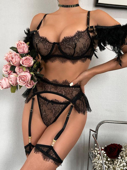 Women's feather stitching contrast lingerie set - Serenity Land fashion