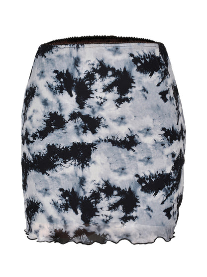 Printed mesh skirt high waist double layer slim wrap hip skirt - Serenity Land fashion