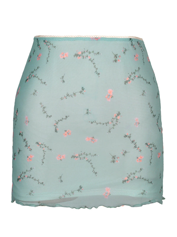 Printed mesh skirt high waist double layer slim wrap hip skirt - Serenity Land fashion