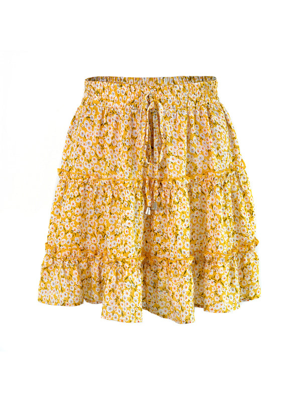Solid Color Tiered Ruffle Waist Tie Mini Skirt - Serenity Land fashion