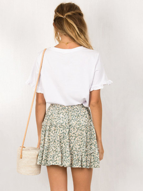 Solid Color Tiered Ruffle Waist Tie Mini Skirt - Serenity Land fashion