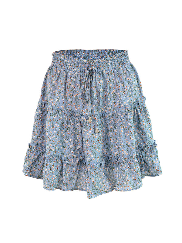 Solid Color Tiered Ruffle Waist Tie Mini Skirt - Serenity Land fashion
