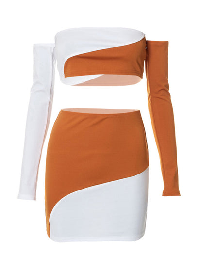 Off-shoulder color block skirt set