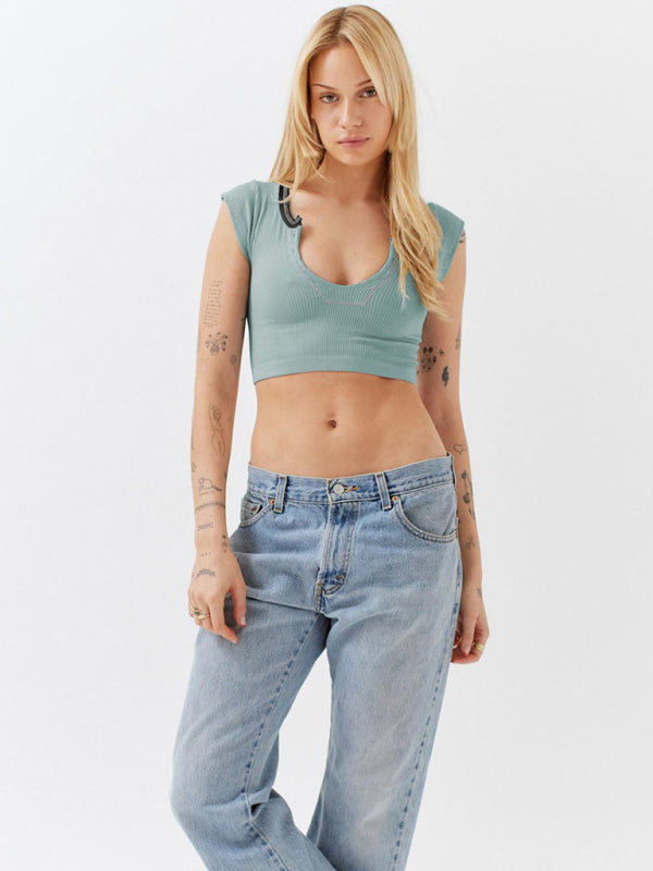 V-neckline Cropped Tee - Serenity Land fashion