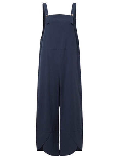 Solid color casual button up suspender jumpsuit - Serenity Land fashion