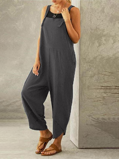 Solid color casual button up suspender jumpsuit - Serenity Land fashion