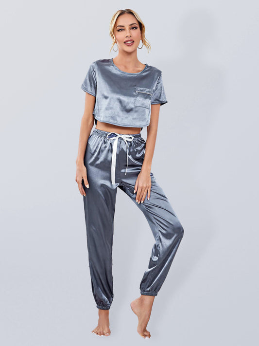 Satin Short Sleeve Long Pajama Pants Homewear Set - Serenity Land fashion