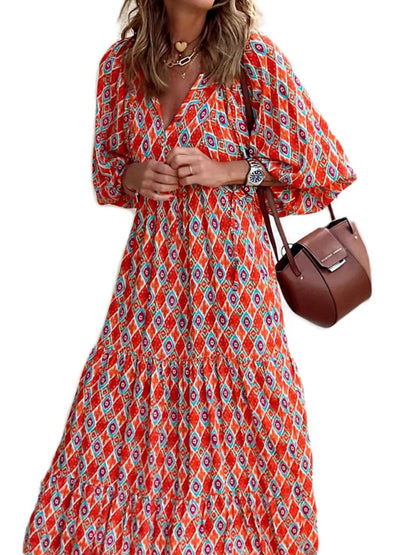 Geometric Print Puff-sleeve Maxi Dress - Serenity Land fashion