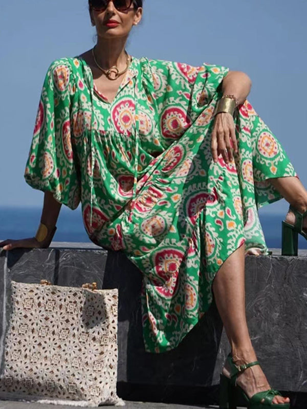 Geometric Print Puff-sleeve Maxi Dress - Serenity Land fashion