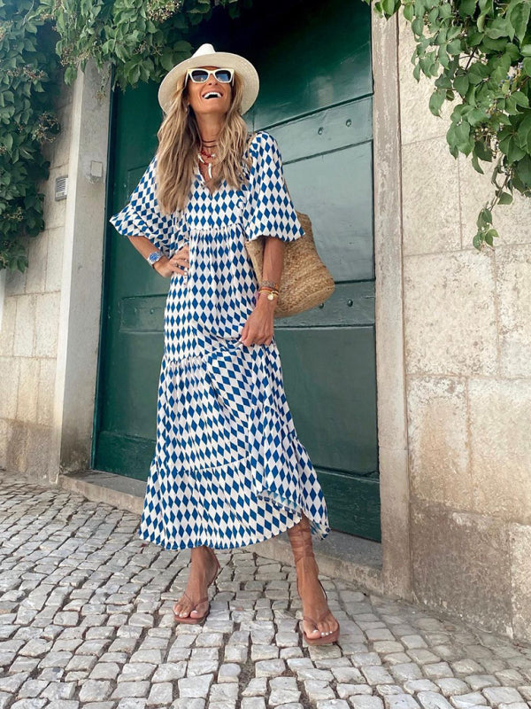 Geometric Print Puff-sleeve Maxi Dress - Serenity Land fashion
