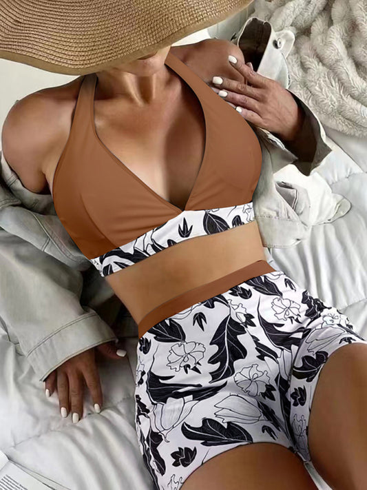 Printed Bikini Top And High-waist Bottoms Shorts Set - Serenity Land fashion