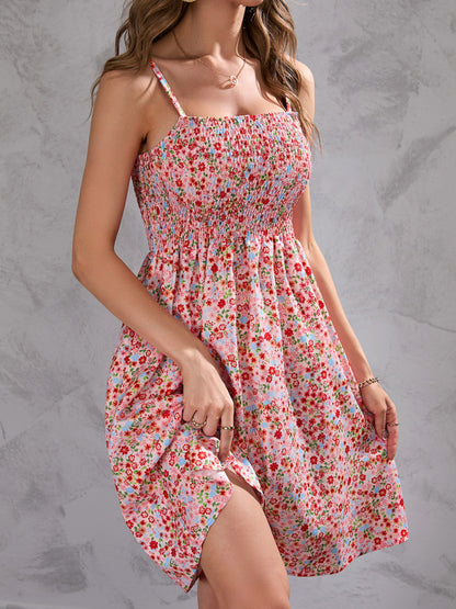 Vibrant Print Adventure Smocked Strap Mini Dress - Serenity Land fashion