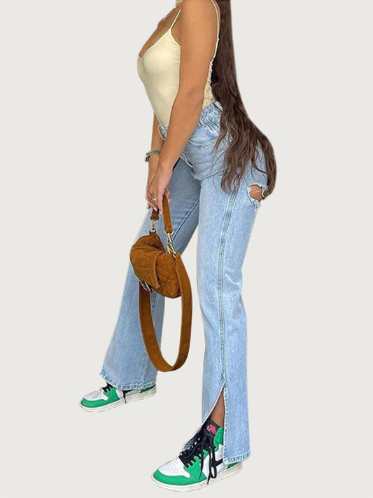 Slit Hem Rip High Waist Jeans - Serenity Land fashion