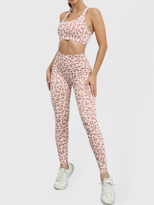 Leopard Print Compression Racerback Crop Top And High-waist Pants - Serenity Land fashion