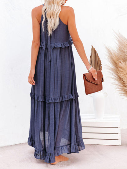 Solid Color Halter Neck Ruffle Tiered Maxi Dress - Serenity Land fashion
