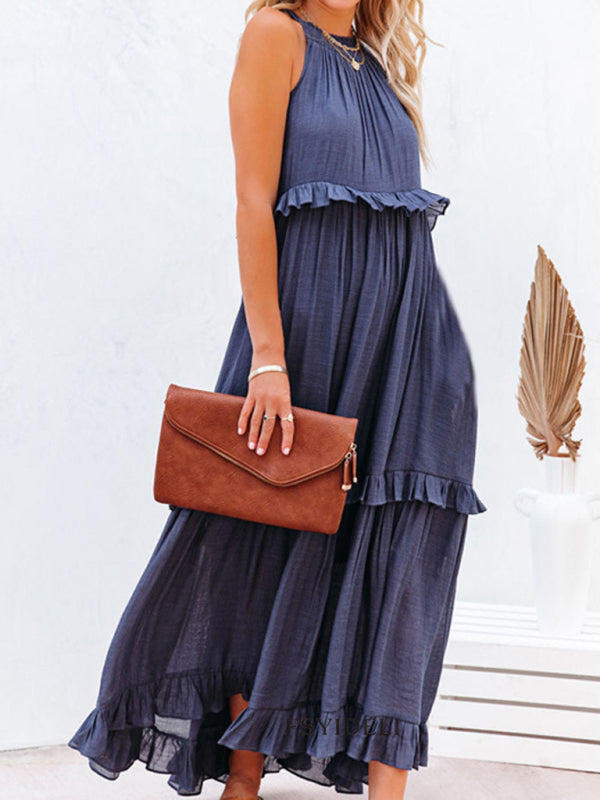 Solid Color Halter Neck Ruffle Tiered Maxi Dress - Serenity Land fashion
