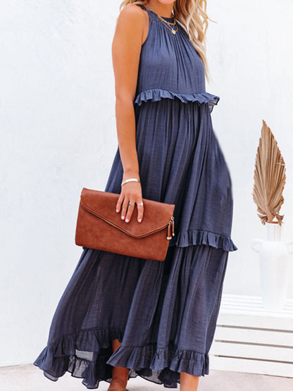 Solid Color Halter Neck Ruffle Tiered Maxi Dress - Serenity Land fashion