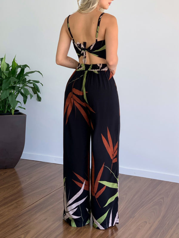 Casual V-neck top & high-waist wide-leg pants