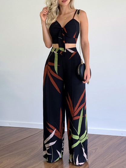 Casual V-neck top & high-waist wide-leg pants