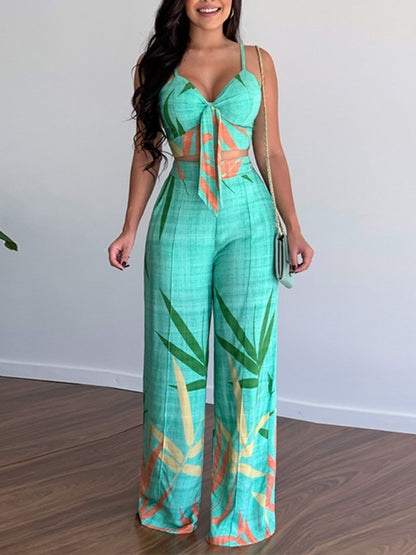 Casual V-neck top & high-waist wide-leg pants