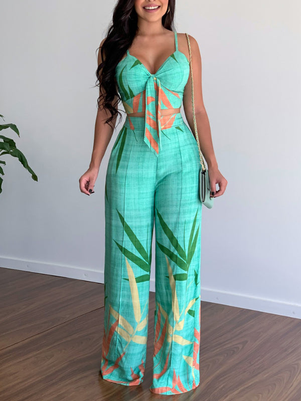 Casual V-neck top & high-waist wide-leg pants