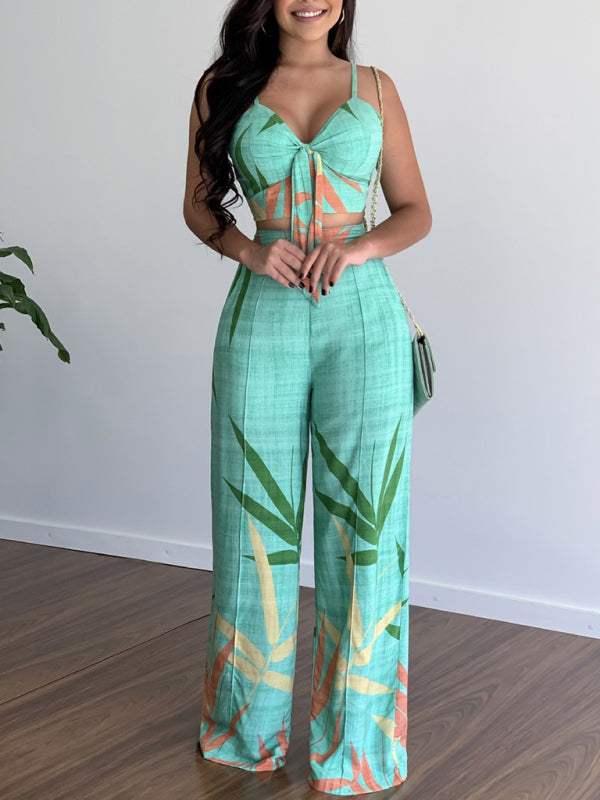 Casual V-neck top & high-waist wide-leg pants