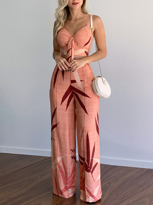 Casual V-neck top & high-waist wide-leg pants