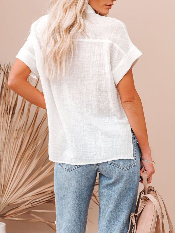 Solid Color Short Sleeve Linen Button-up Shirt - Serenity Land fashion