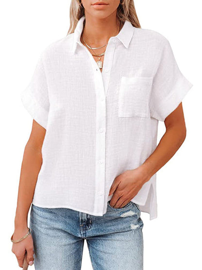 Solid Color Short Sleeve Linen Button-up Shirt - Serenity Land fashion