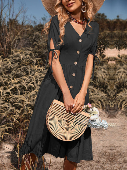 Women's Woven V-neck, A-line Short Sleeve Dress