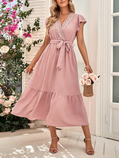 Lace Trim Tie Waist Midi Dress