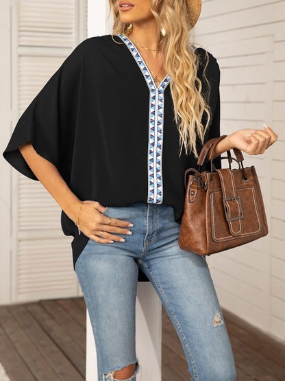 V-neck Dolman Sleeve Top With Trim - Serenity Land fashion