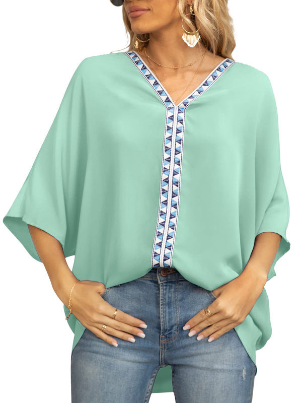 V-neck Dolman Sleeve Top With Trim - Serenity Land fashion