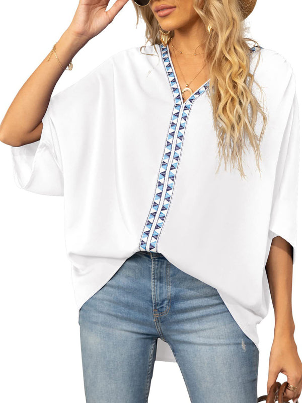 V-neck Dolman Sleeve Top With Trim - Serenity Land fashion