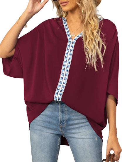 V-neck Dolman Sleeve Top With Trim - Serenity Land fashion