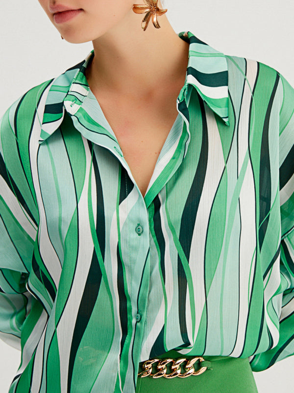 Mixed Print Long-sleeve Silk Button-up Blouse - Serenity Land fashion