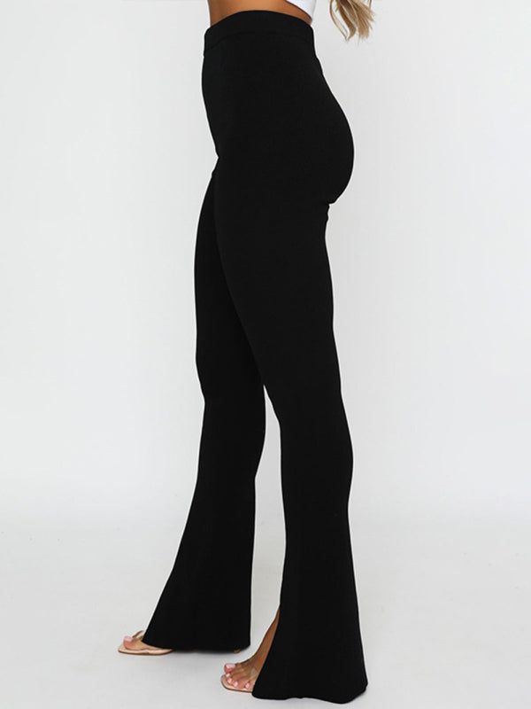 Solid Color Slit Hem Flare Trousers