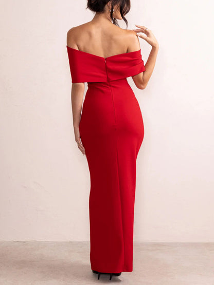 Solid Color Off-the-shoulder Ruffle Slit Maxi Dress - Serenity Land fashion