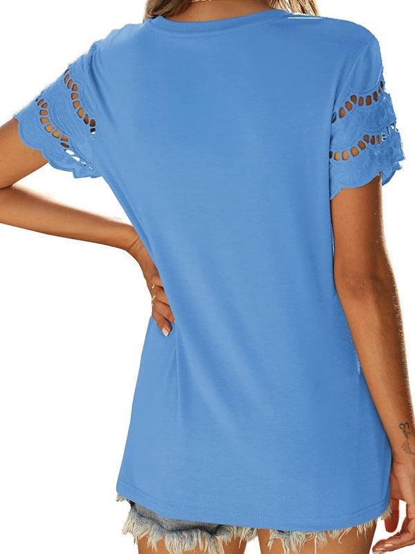 Solid Color Lace Sleeve Knit T-shirt - Serenity Land fashion