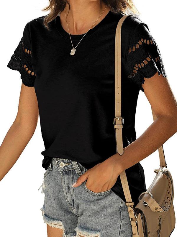Solid Color Lace Sleeve Knit T-shirt - Serenity Land fashion