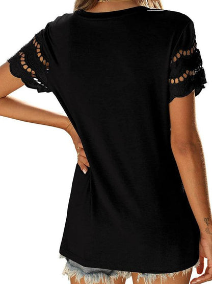 Solid Color Lace Sleeve Knit T-shirt - Serenity Land fashion